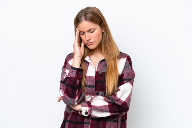 Young caucasian woman isolated on white background with headache