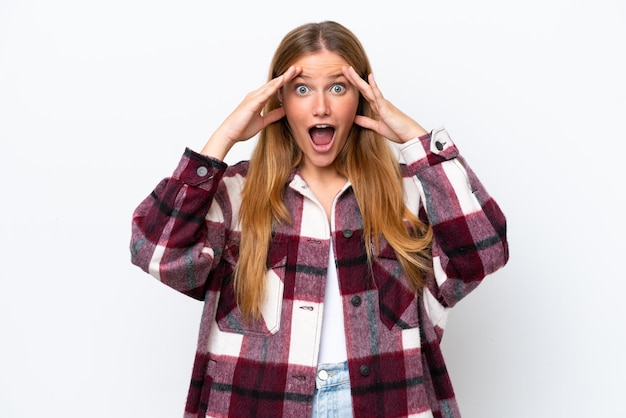 Young caucasian woman isolated on white background with surprise expression