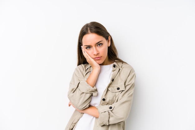 Young caucasian woman  isolated who is bored, fatigued and need a relax day.