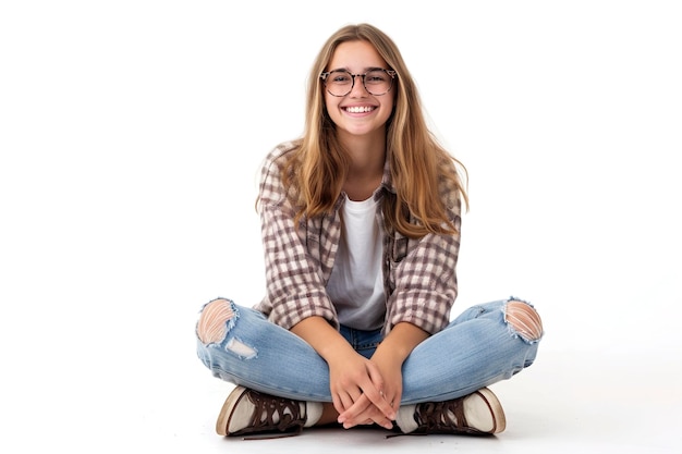 Photo a young caucasian woman sitting on the floor isolated