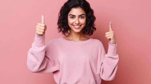 young caucasian woman wearing casual pink sweater smiling with a happy cool pointing finger face finger to the side and showing something