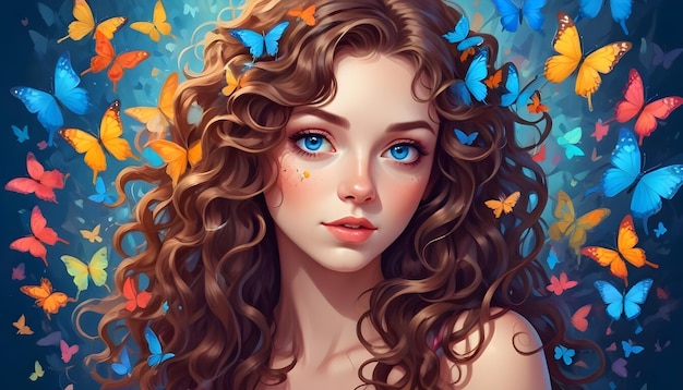 A young Caucasian woman with curly hair and butterflies