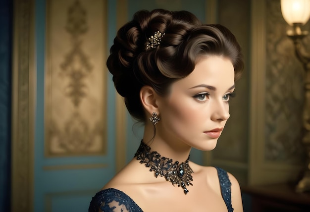 A young Caucasian woman with long dark hair in an updo hairstyle wearing a black dress getting her