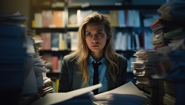 A young Caucasian woman with long light hair looking surprised surrounded by stacks of papers in an office library