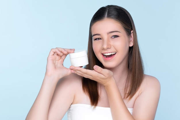 Young charming plump girl with natural beauty hold lotion jar