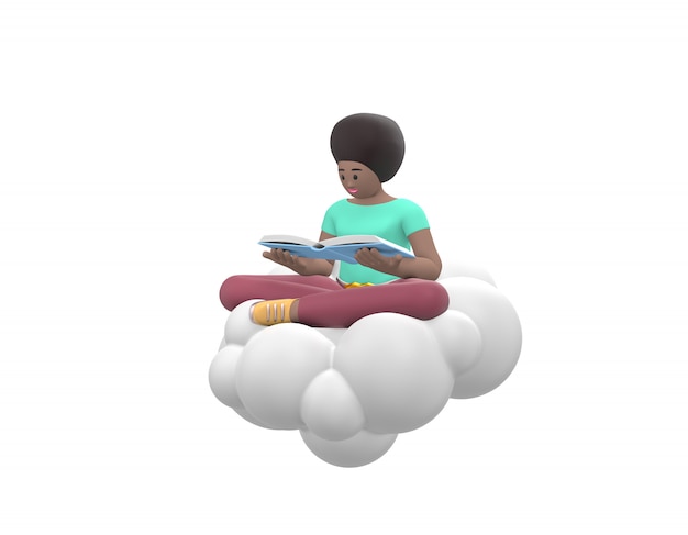 Young cheerful African girl is sitting in the sky on a cloud in a lotus position is reading a book