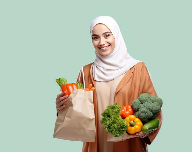 Young cheerful happy asian woman holding a grocery shopping bag isolated with vegetables