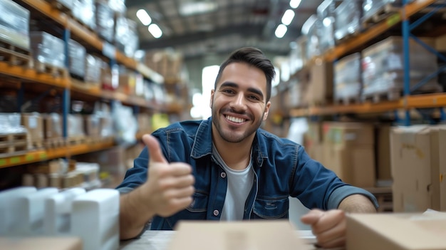 Young cheerful latino hispanic man smiling at camera with toothy smile and his thumbs up warehouse