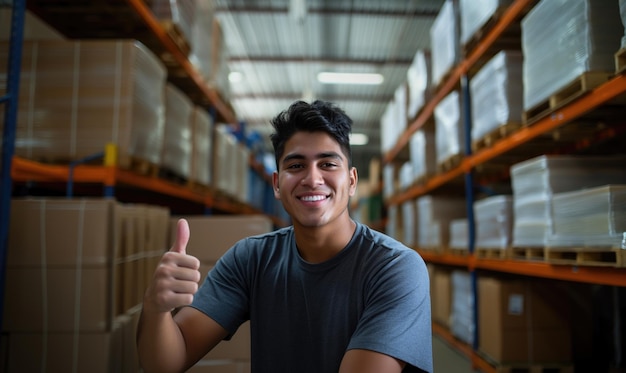 Young cheerful latino or hispanic man smiling at camera with toothy smile and his thumbs at wareh