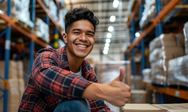 Young cheerful latino or hispanic man smiling at camera with toothy smile and thumbs up at wareh