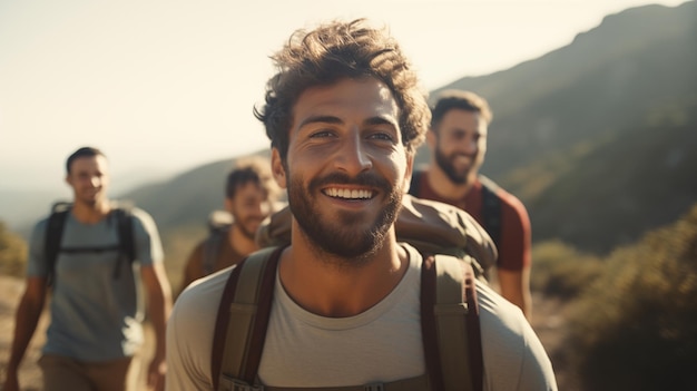 Young cheerful smiling male friends hiking in summer mountains at golden hour