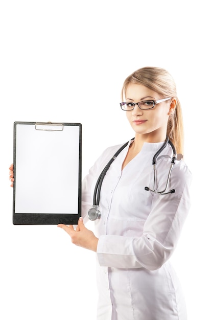 Young cheerful woman doctor is showing her blank tablet