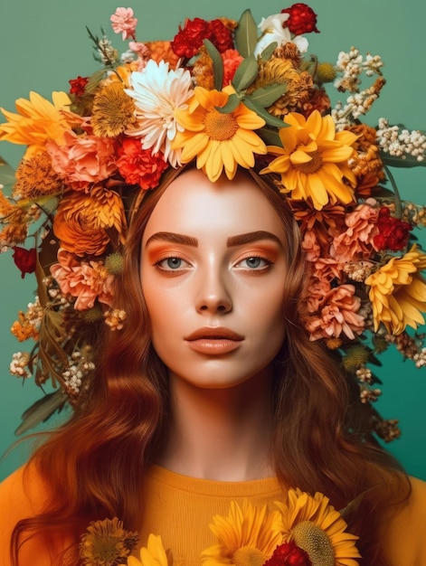 Young cheerful woman with a wreath of wildflowers on her head with color of the year 2023