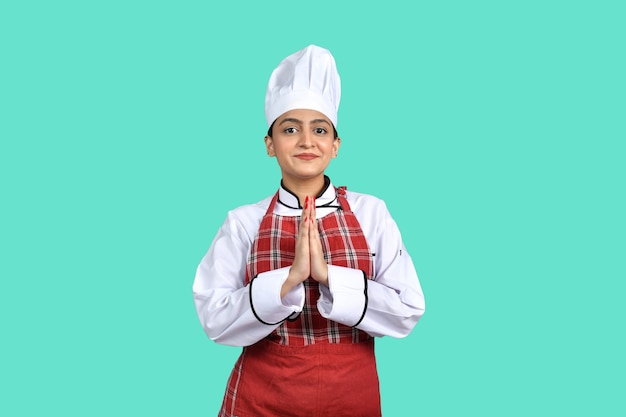 young chef girl front pose white outfit indian pakistani model