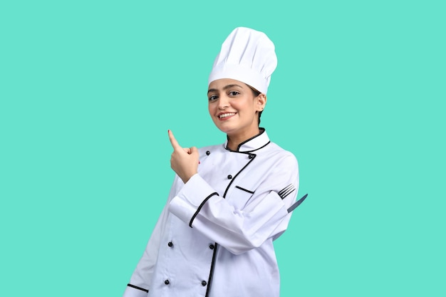 young chef girl white outfit front pose indian pakistani model