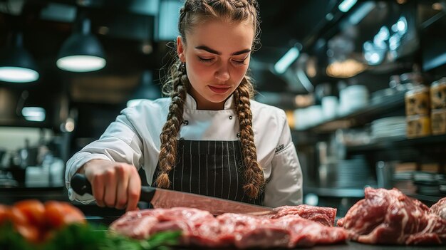 Photo young chef preparing meat in a bustling restaurant kitchen during daytime