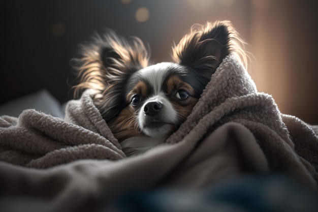 A young Chihuahua dog under a blanket The pet is basking under the plaid Generative AI