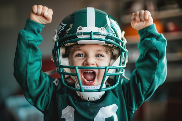 Young child celebrates american football with raised fists in green jersey matching helmet standing