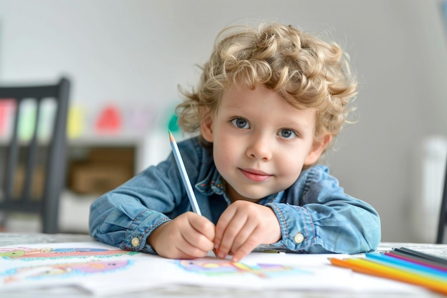 Young child drawing with colored pencils at a table indoors