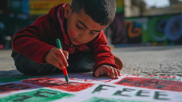 Photo a young child drawing with a red marker on a large piece of paper