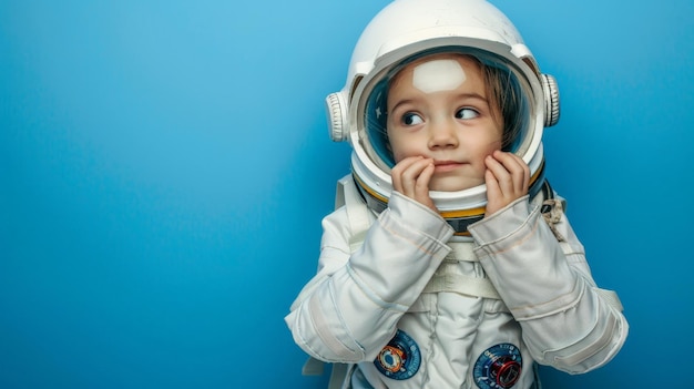 Photo young child dreaming of space in astronaut suit