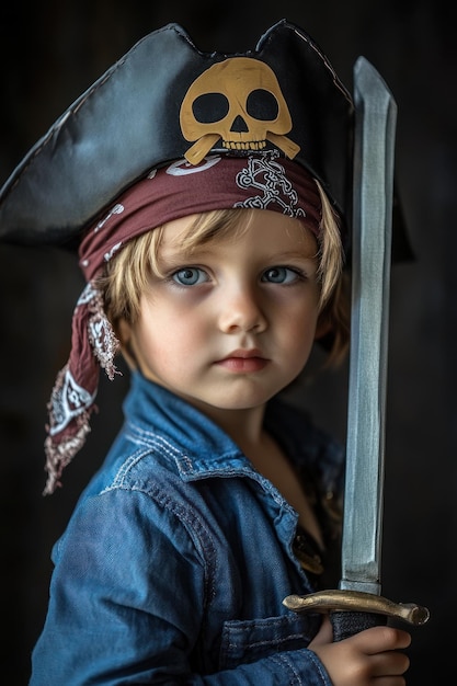 Photo a young child dressed as a pirate holding a sword and wearing a pirate hat and bandana