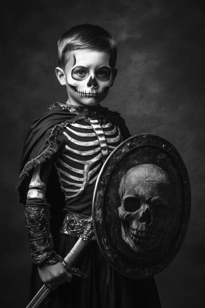 A young child dressed as a skeleton warrior holding a shield and sword in a dramatic pose