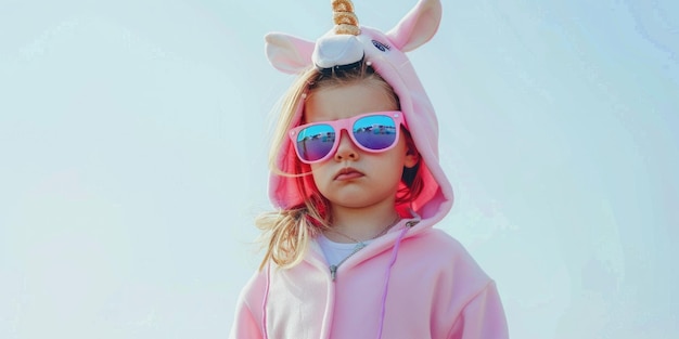 Photo a young child dressed in casual wear with a vibrant unicorn print on her hoodie wearing sunglasses