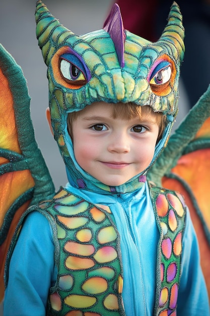 Photo a young child dressed in a colorful dragon costume with wings and a playful expression