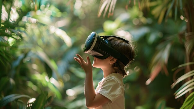 Photo young child experiencing virtual reality in a lush forest