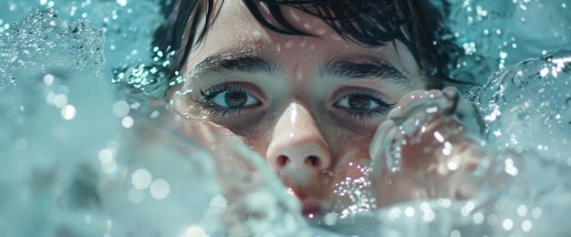 A young child gazes intensely underwater while surrounded by shimmering bubbles in a tranquil pool s