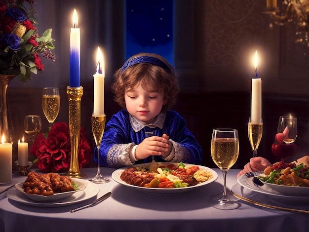 Young child at Hanukkah dinner table with delicious food with wine decoration champagne elegance