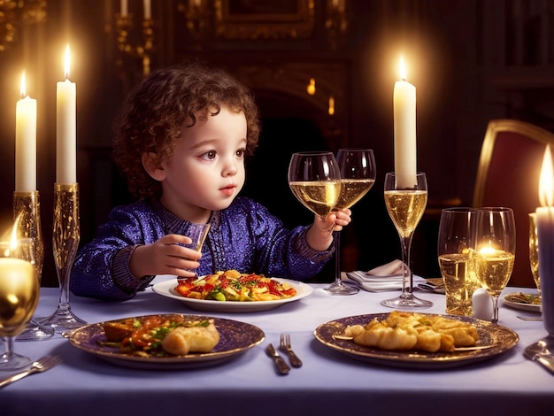 Young child at Hanukkah dinner table with delicious food with wine decoration champagne elegance