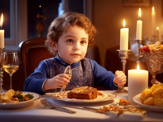 Young child at Hanukkah dinner table with delicious food with wine decoration champagne elegance