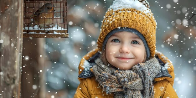 A young child happily hangs a bird feeder in the snow Concept Outdoor Photoshoot Winter Fun Nature Exploration Childhood Happiness Bird Watching