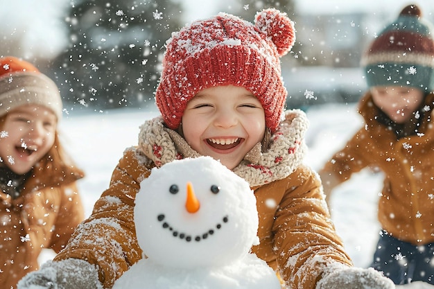 Photo a young child is holding a snowman in the snow with a red hat on