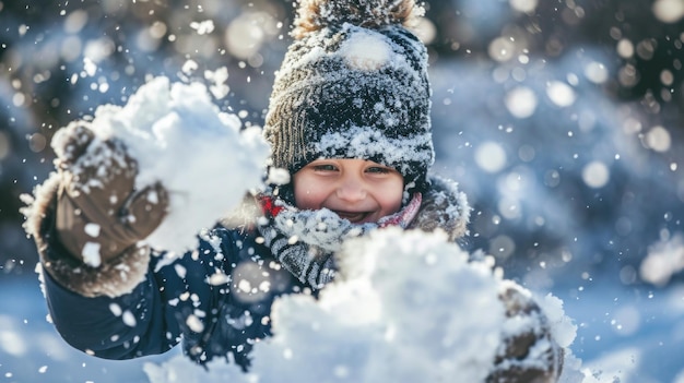 Young child is playing in snow wearing hat and scarf