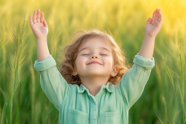 Photo young child joyfully celebrating in a green wheat field during a sunny afternoon