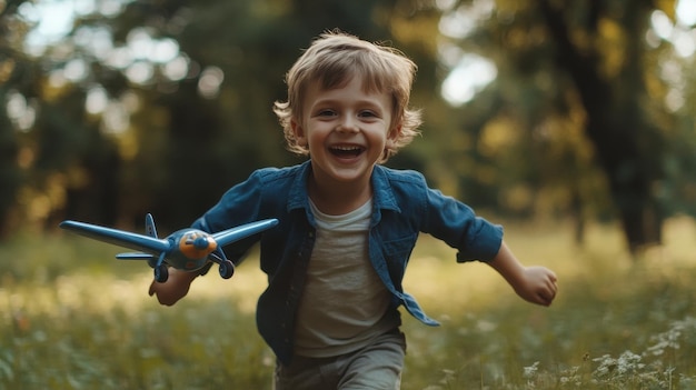 Photo a young child joyfully runs through a lush green field while holding a toy airplane on a sunny afternoon