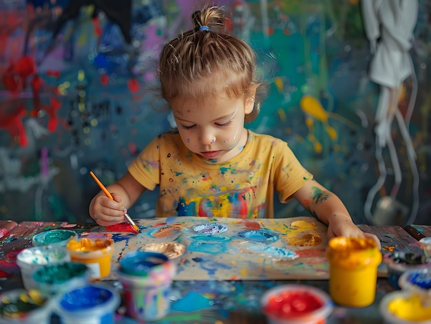 Photo a young child paints with bright colors in a creative art space