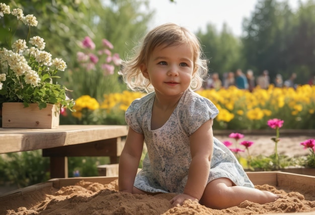 A young child plays in a sand garden deeply absorbed in creative play surrounded by flowers and