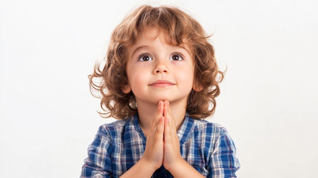 Photo young child praying on white background