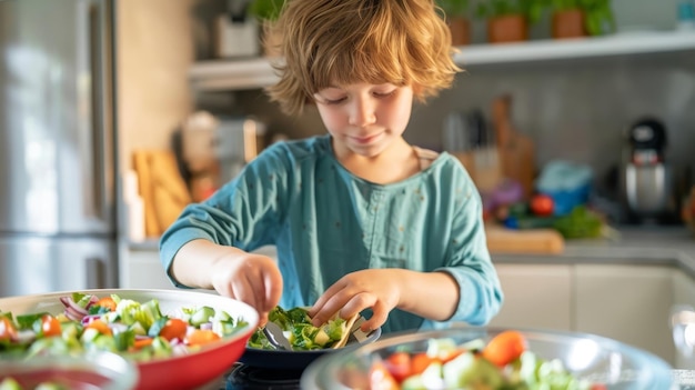 Photo young child preparing a healthy vegetable wrap in a home kitchen