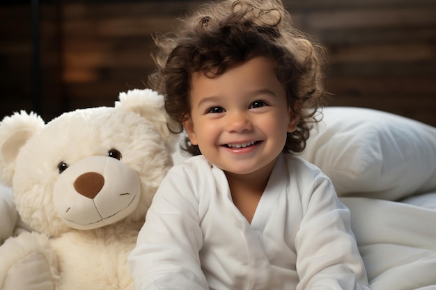 A young child in pristine pajamas enjoying morning play on the bed with a teddy bear