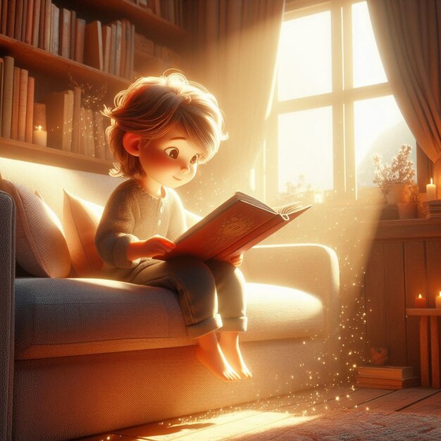 Photo a young child reading book on a comfortable sofa