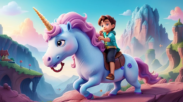 A young child riding a friendly unicorn through a fantastical landscape