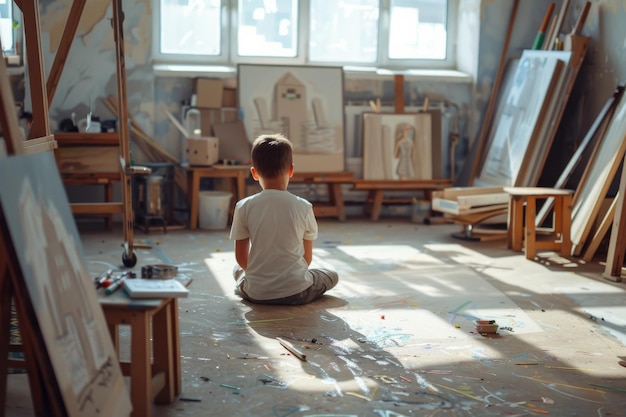 A young child sits on the floor of an art studio surrounded by paintings and supplies seemingly lost in thought amid the creative chaos