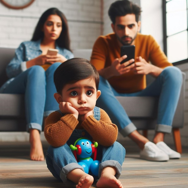 A young child sitting on the floor looking sad