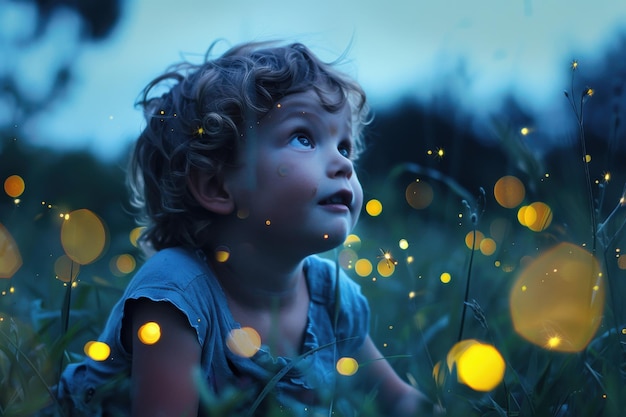 Young Child Watching Fireflies On Summer Night