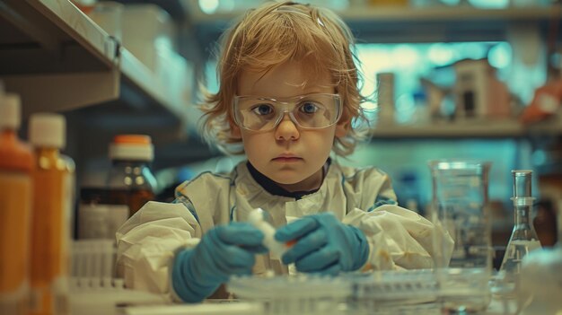 Photo young child wearing safety goggles and gloves experimenting in a laboratory showcasing curiosity and scientific exploration